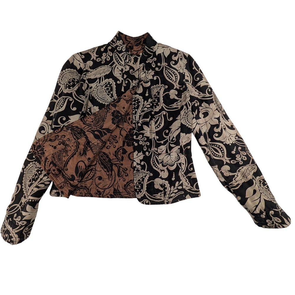 Sigrid Olsen Reversible Art Floral Paisley Silk Jacket Black Brown Cream Size 4‎